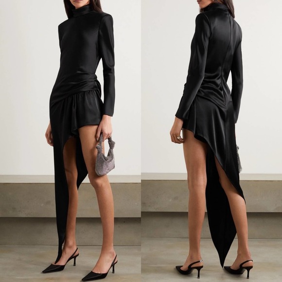Alexander Wang Asymmetric Gathered Satin Dress in Black - Picture 1 of 13